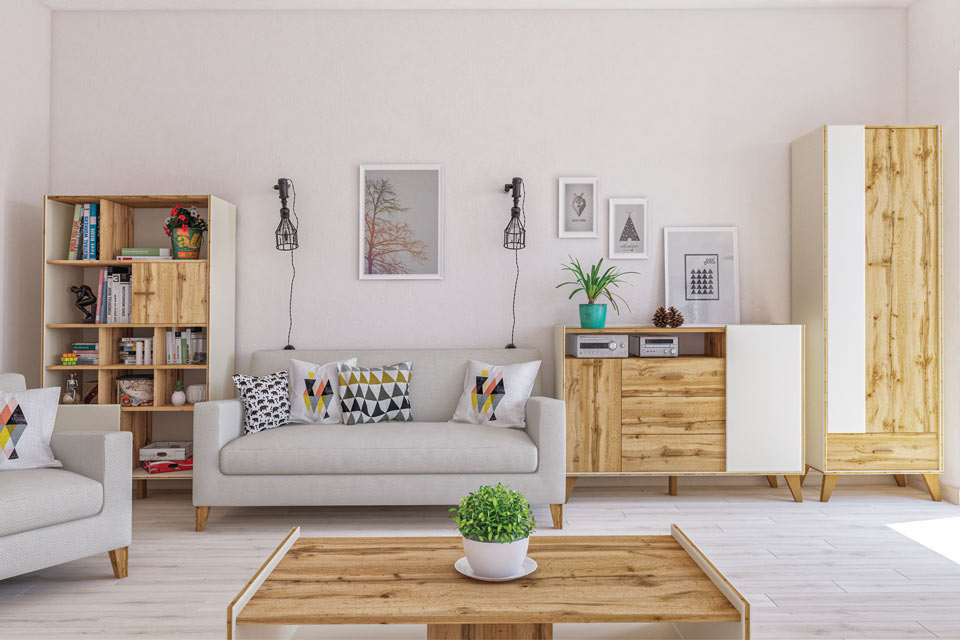 Мебель для гостиной в современном стиле Сканди производства Мебель Неман